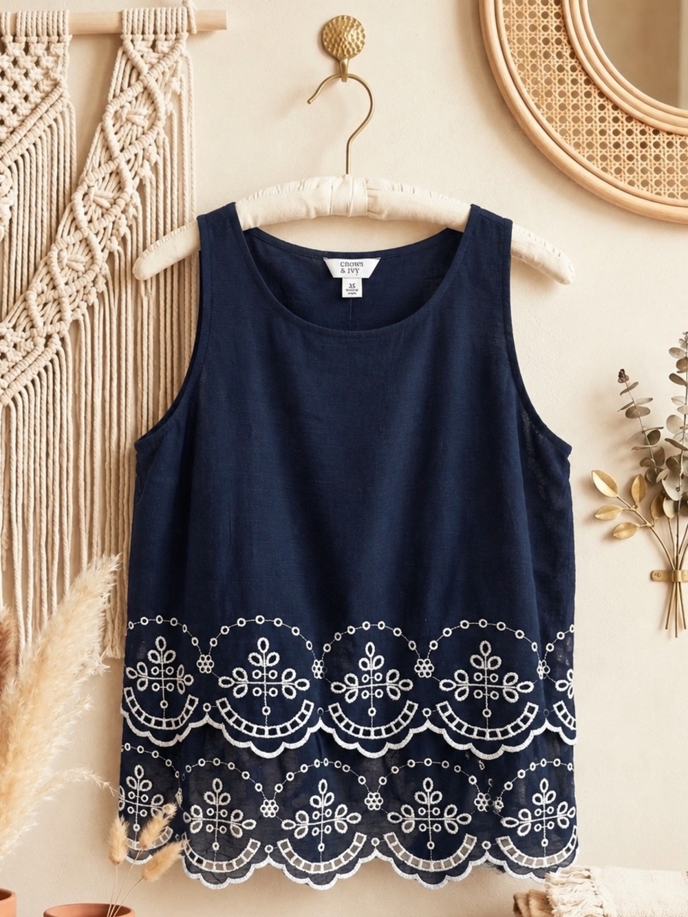 NWT Crown & Ivy Navy Tank Top with White Eyelet Embroidery Tank Top